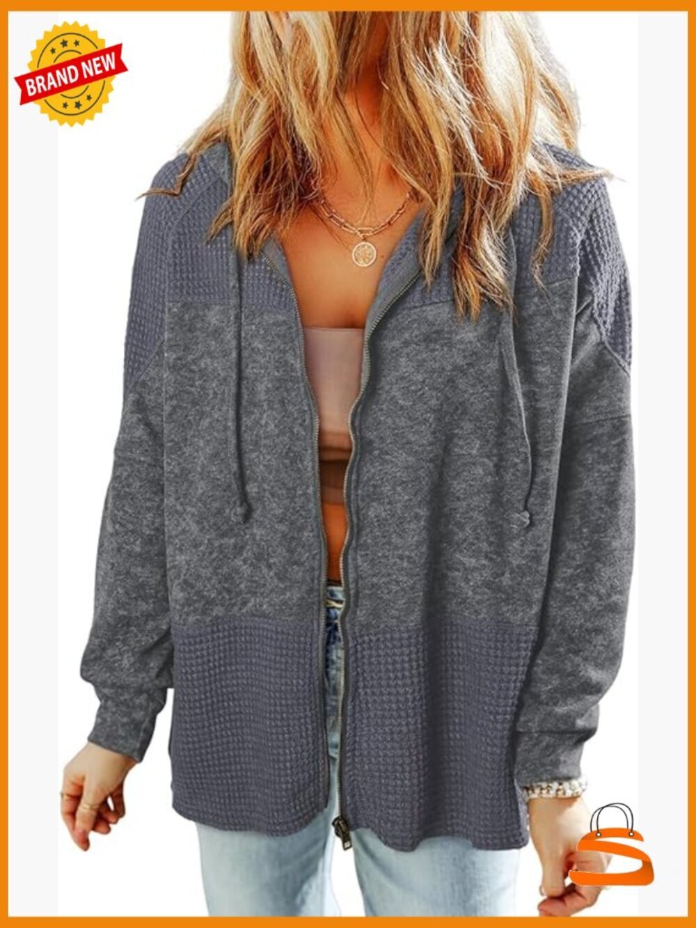 Waffle Knit Zip Up Hooded Jacket for Women Fall 2025 Casual